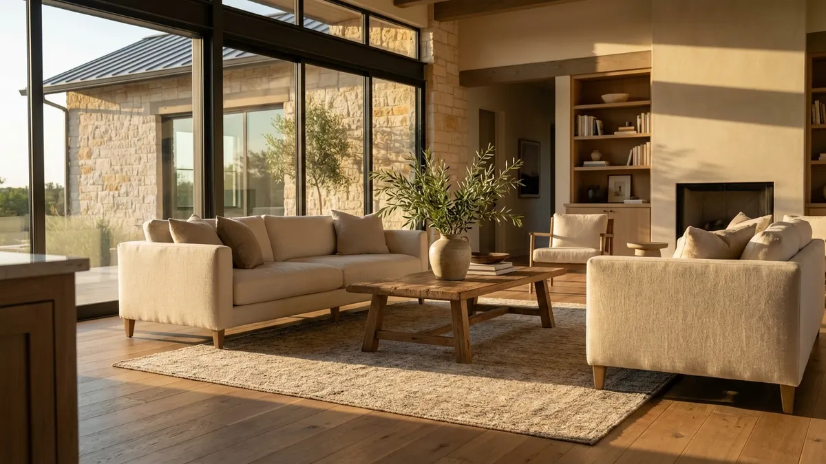 An empty, elegantly staged living room in a modern home. Soft, natural light streams through large windows. Neutral color palette with subtle accents. Plush sofa, contemporary coffee table, and a vase with fresh greenery. Hardwood floors. Cinematic lighting, golden hour, 16:9, highly detailed, 8k.