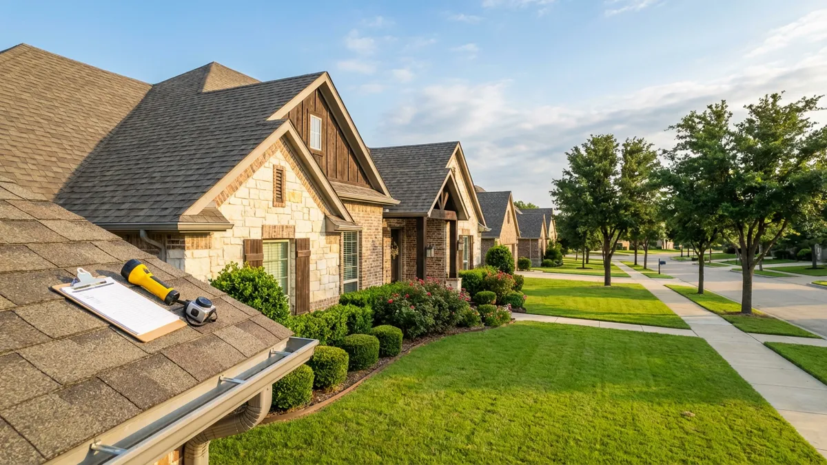 A single-family home in a well-maintained suburban neighborhood in Carrollton, Texas, viewed from a slightly elevated angle. A professional home inspector, identifiable by tools like a clipboard, flashlight, and small camera, is examining the roof, with a clear focus on the roof edge and gutter. The sky is bright blue with soft, scattered clouds. Lush green grass in the foreground and well-trimmed shrubs. Cinematic lighting, morning sun, 16:9, highly detailed 8k.