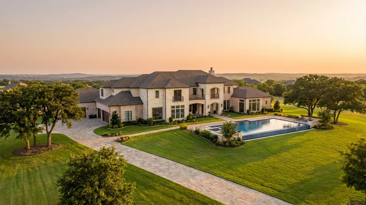 Cinematic lighting, golden hour, 16:9, highly detailed 8k. A grand, sophisticated luxury estate in Cedar Hill, Texas, showcasing classical or modern architecture. Expansive manicured lawns, mature trees, and a long, winding stone driveway. A shimmering pool reflects the sky. The house facade is made of light-colored stone or brick, with large windows and intricate detailing. The environment is serene and upscale, with hints of distant rolling hills under a soft, clear sky. No people, no text.