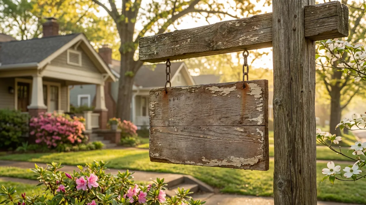Close-up of a rustic wooden 'For Sale' sign, slightly weathered, with the blurred backdrop of a quaint, well-maintained suburban street in Cedar Hill, TX, dappled in early morning sunlight. Lush green lawns and blooming spring flowers are visible. Cinematic lighting, golden hour, 16:9, highly detailed 8k.
