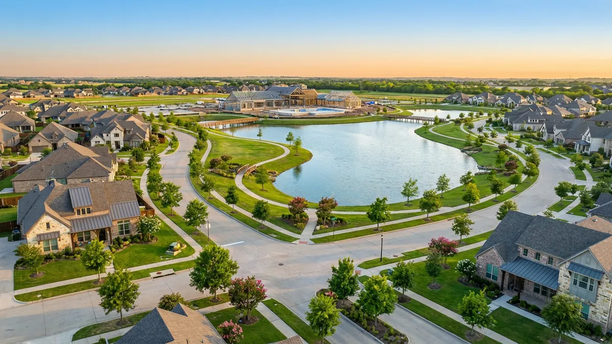 Overhead drone shot of a newly developed master-planned community in Celina, Texas, during late spring. Lush green landscaping, modern single-family homes with diverse architectural styles, a shimmering community lake with walking trails, and construction progressing on a resort-style amenity center in the background. Cinematic lighting, soft golden hour sun, clear blue sky. 16:9 aspect ratio, highly detailed 8K.