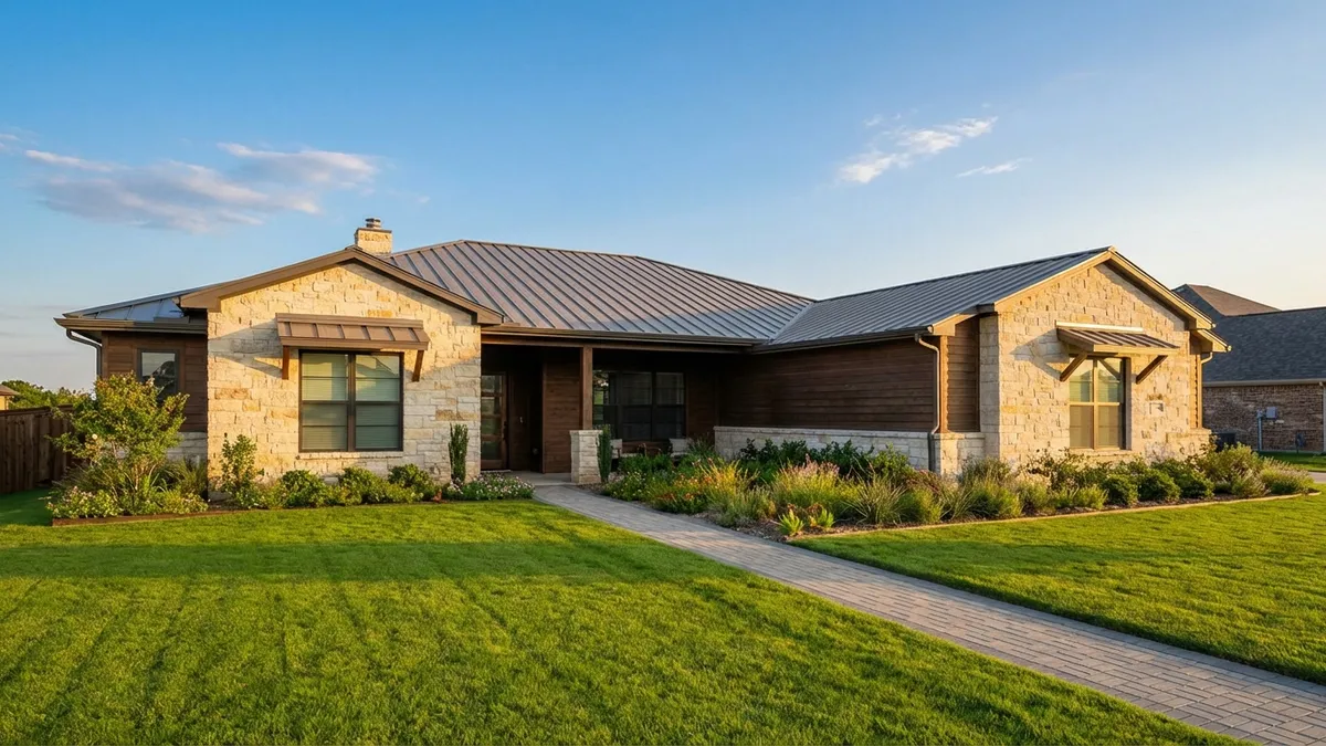 Close up view of the front exterior of a modern, single-story suburban home in Crandall, Texas. Warm, inviting natural light. Lush, green lawn with a neatly maintained flower bed. Clear blue sky with a few wispy clouds. Cinematic lighting, golden hour, 16:9, highly detailed, 8k.