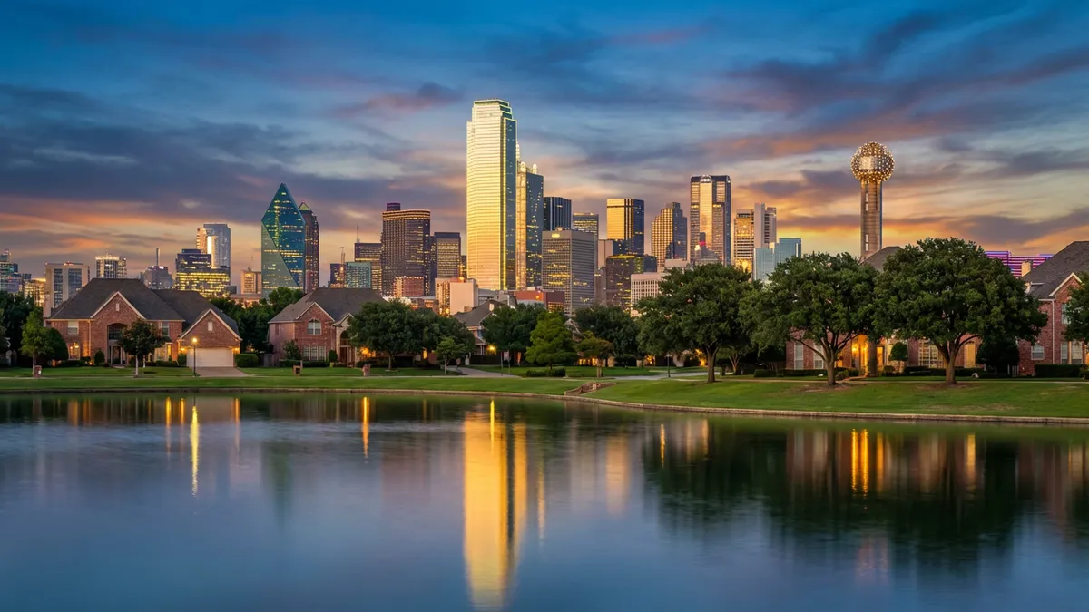 A wide-angle, cinematic shot of the Dallas skyline at dusk, with modern high-rise buildings illuminated, reflecting in a calm body of water. The foreground features a residential neighborhood with brick homes and mature trees, suggesting a blend of urban and suburban life. Soft, ambient lighting creates a golden hue over the city. 16:9 aspect ratio, highly detailed 8k.