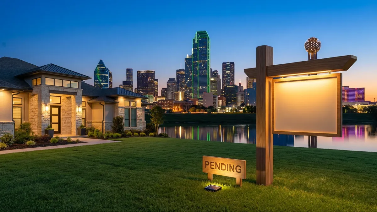 A wide-angle shot of the Dallas skyline at dusk, with modern high-rise buildings illuminated, reflecting in a calm body of water. The foreground features a meticulously manicured suburban lawn with a 'for sale' sign prominently displayed. Soft, warm ambient light, high dynamic range, cinematic quality, 8k, highly detailed, 16:9 aspect ratio.