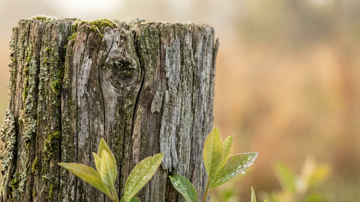 Close-up, detailed texture of a weathered, reclaimed wood fence post with subtle hints of green moss and lichen, under the soft, diffused light of a spring morning. Dew drops glisten on a few delicate, freshly sprouted green leaves in the foreground. Shallow depth of field, natural light, macro lens, 4k, cinematic, warm tones.