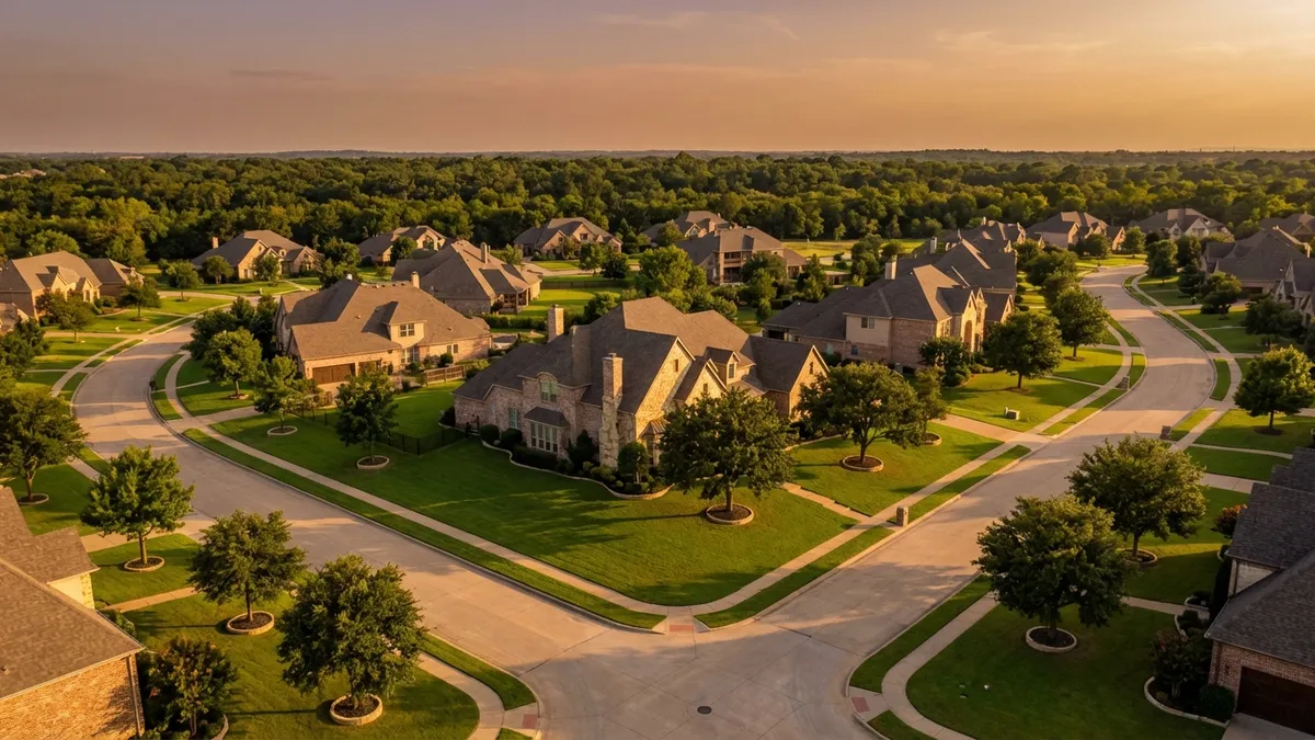 A wide-angle, cinematic drone shot at golden hour over a picturesque, upscale suburban neighborhood in Fairview, Texas. Generous green lawns lead to large, elegant stone and brick homes with neatly trimmed landscaping. The scene is bathed in soft, warm sunlight, casting long, gentle shadows. In the distance, a mature tree line provides a natural border. High detail, 8k, photorealistic depiction.
