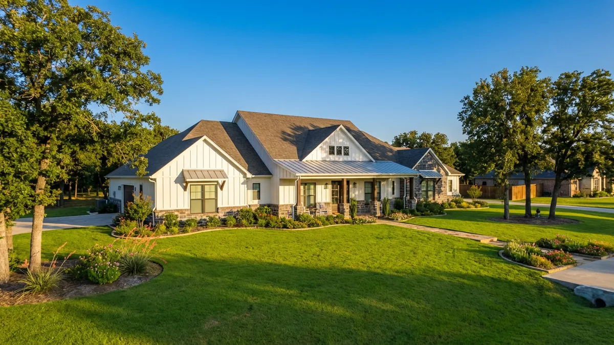 A wide, expansive view of a modern suburban home in Farmersville, Texas, with a 'For Sale' sign prominently displayed in the front yard. The house is well-maintained with a manicured lawn and vibrant green trees. The composition is bright and inviting under a clear blue sky. Cinematic lighting, golden hour, 16:9, highly detailed 8k, photorealistic.