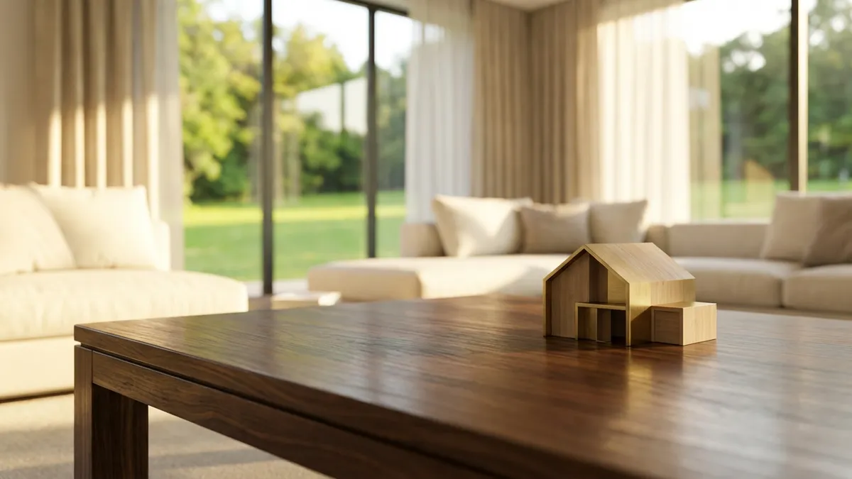 Close-up of a polished wooden coffee table with a small, stylized miniature house model on top. In the background, out of focus, a sunny, modern living room with large windows showing a glimpse of a green, landscaped yard. Cinematic lighting, soft golden hour glow, shallow depth of field, 16:9, highly detailed 8k.