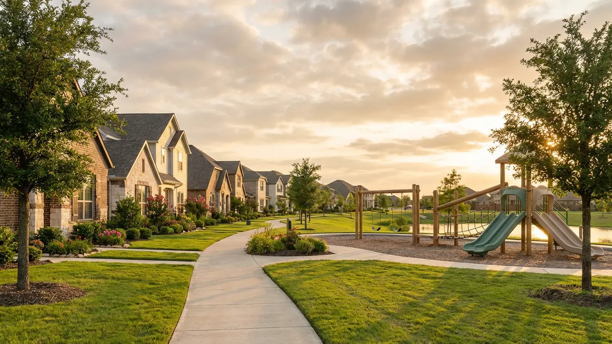A wide shot capturing the essence of a modern suburban neighborhood in Forney, Texas, at golden hour. Foreground shows a clean, well-maintained sidewalk winding through lush green grass, flanked by diverse, newly constructed single-family homes with a mix of brick and light-colored siding, each with well-kept landscaping. In the midground, children's playground equipment (slides, swings) made of natural wood and muted plastic colors is visible within a community park, bathed in gentle sunlight. In the background, a clear, warm sky with soft clouds, creating a sense of peace and community. Cinematic lighting, warm color grading, 16:9 aspect ratio, highly detailed 8k.