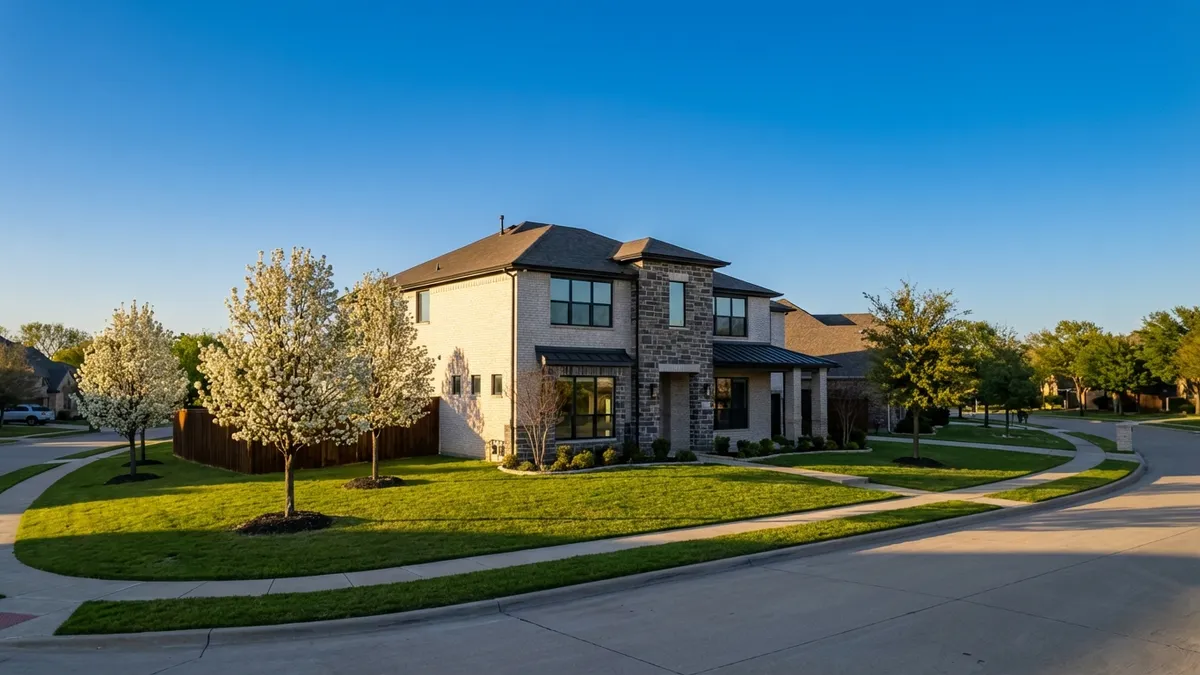 Cinematic lighting, golden hour, 16:9 aspect ratio. A wide shot of a modern, newly constructed suburban home in Forney, Texas, with a manicured front lawn and blossoming spring trees in the foreground. The architecture is contemporary, with brick and stone accents under a clear blue sky. Empty streets with quiet neighborhood vibes. Highly detailed, 8k.