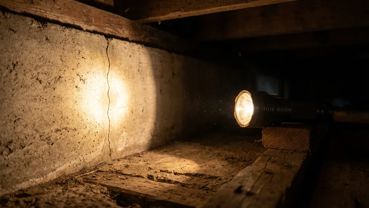 A highly detailed, close-up shot of a hand holding a flashlight, pointing into a dimly lit crawl space underneath a house. The flashlight beam illuminates a section of a concrete foundation with a minor, hairline crack. Dust motes visible in the beam. Rustic textures of wood and concrete. Subtle warmth from the flashlight. Cinematic lighting, deep shadows, 16:9, highly detailed 8k.