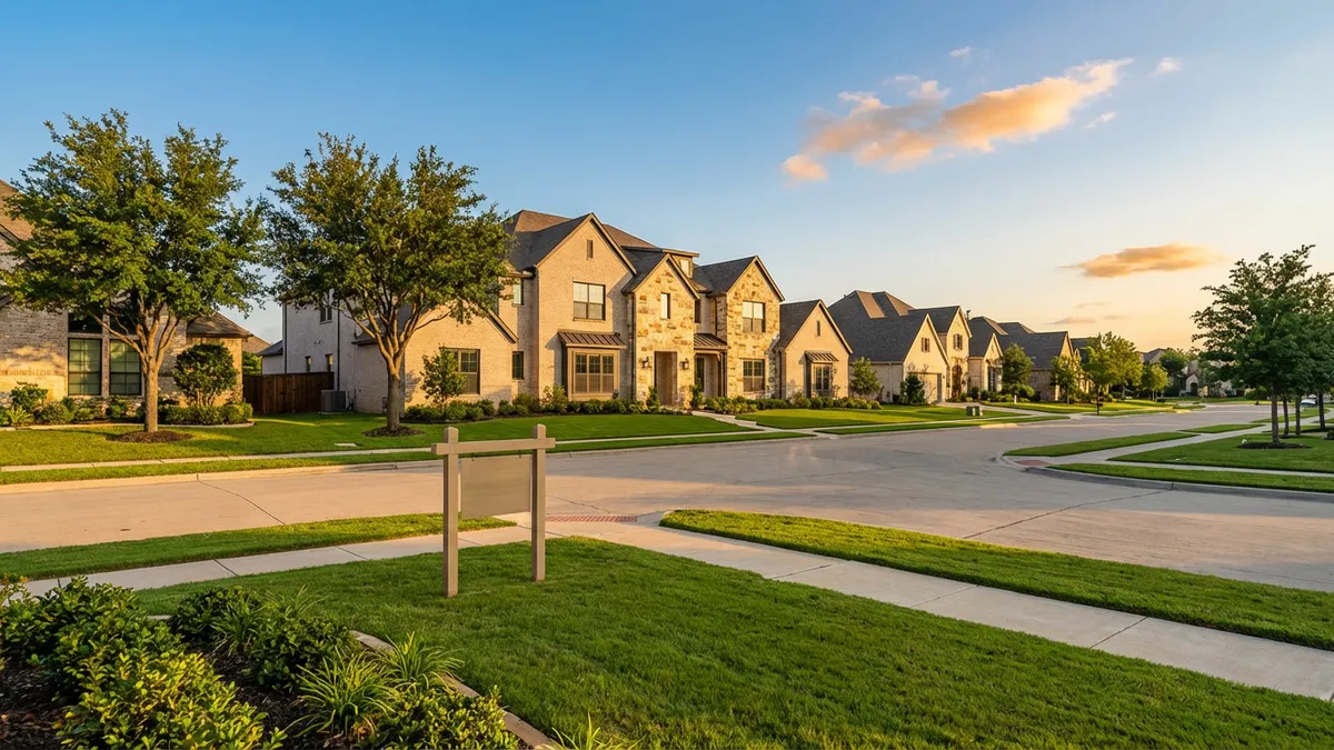 Cinematic lighting, golden hour. A modern suburban street in Glenn Heights, TX, with new construction homes featuring brick and stone facades. Lush green lawns, mature trees, and a clear blue sky with soft, wispy clouds. The foreground shows a 'For Sale' sign subtly placed, while in the midground, a family is seen walking on the sidewalk. 16:9 aspect ratio, highly detailed 8k photography, deep depth of field with a slightly blurred background of distant homes.