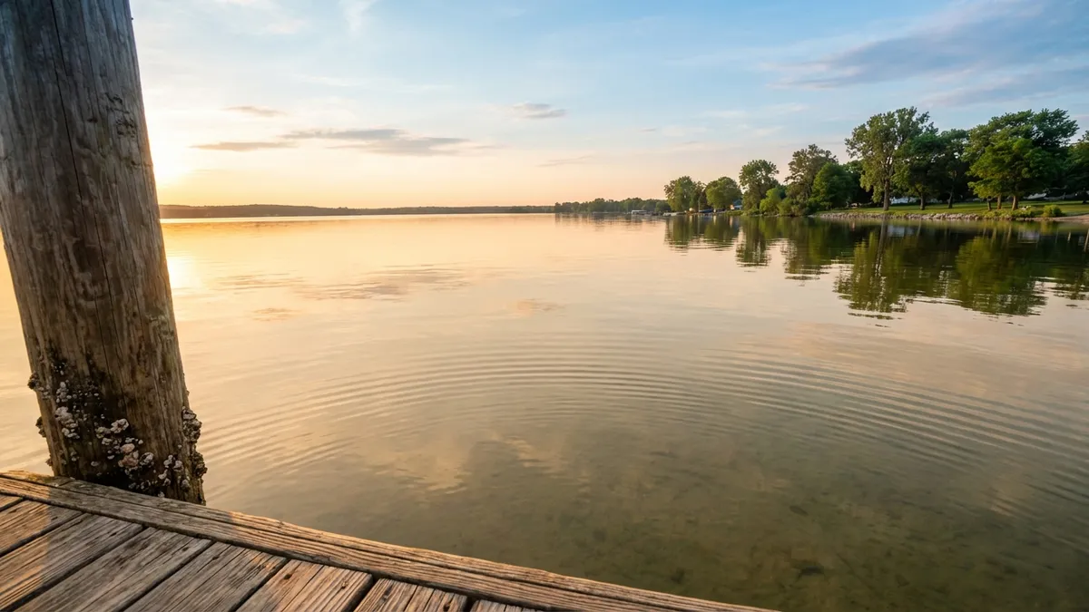Close-up of calm, clear lake water reflecting a soft blue sky and distant green shoreline trees, framed by a wooden dock post in the foreground. Cinematic lighting, golden hour, wide angle, 16:9, highly detailed 8k. Focus on the water's surface texture and subtle ripples.