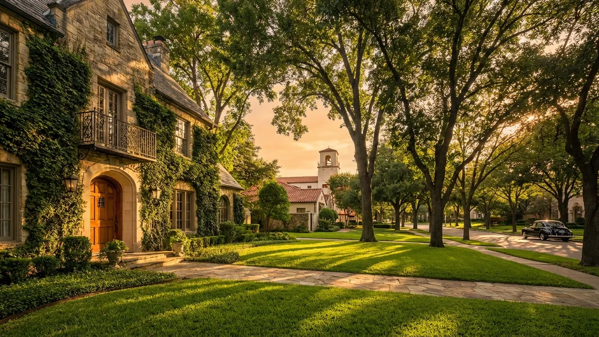 Cinematic lighting, golden hour, 16:9, highly detailed 8k. A wide-angle view of an elegant, ivy-covered luxury home facade in Highland Park, Dallas, with mature trees partially obscuring the view of a distant, iconic Spanish Colonial Revival building from Highland Park Village. Focus on textured brick, intricate ironwork, and lush, manicured landscaping. The street is clean and tree-lined with subtle light reflections off a polished vintage car parked far in the background. Soft, diffused sunlight filtering through tree leaves casts dappled shadows. No people, no visible text.