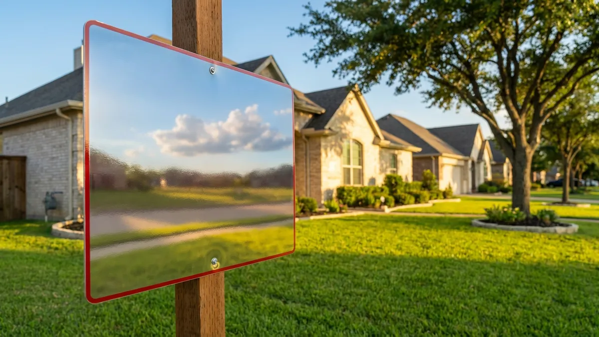 Close-up of a 'Sold' sign reflecting a clear blue sky and green lawn in a suburban Texas neighborhood. The sign is crisp and new looking. In the background, modern, light-colored brick houses with manicured landscapes are visible under cinematic lighting, golden hour. 16:9 aspect ratio, highly detailed 8k photography.