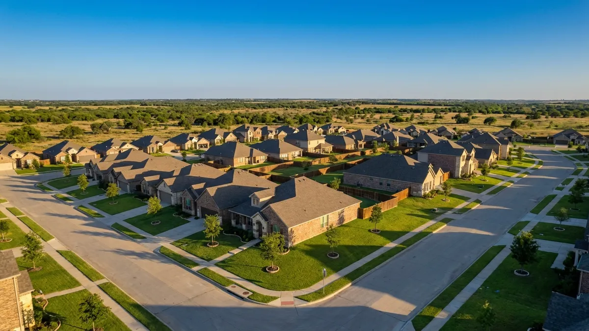 High-angle drone shot, golden hour, 16:9, highly detailed 8k. A modern suburban community in Justin, Texas, featuring newly built 4-bedroom homes with manicured lawns. Wide, tree-lined streets are visible. In the background, open undeveloped land stretches towards a clear blue horizon with sparse Texas native trees. Cinematic lighting, soft shadows. Focus on the architecture and community layout.
