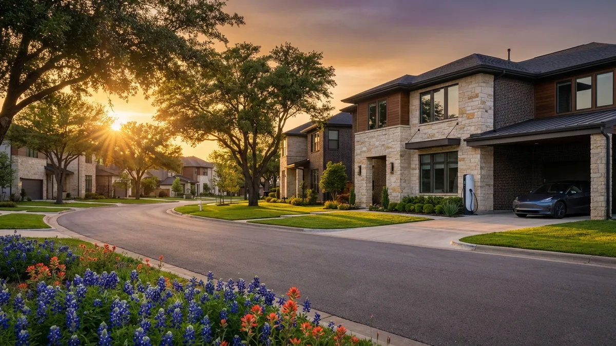 A wide, cinematic shot of a picturesque suburban street in Kennedale, Texas, bathed in the soft glow of a golden hour sunset. Modern two-story homes with well-manicured lawns line the street. Blooming Texas wildflowers in the foreground. An electric vehicle charging station visible in one of the driveways. Architectural details prominent. Warm, inviting color palette. 16:9 aspect ratio, highly detailed 8k.