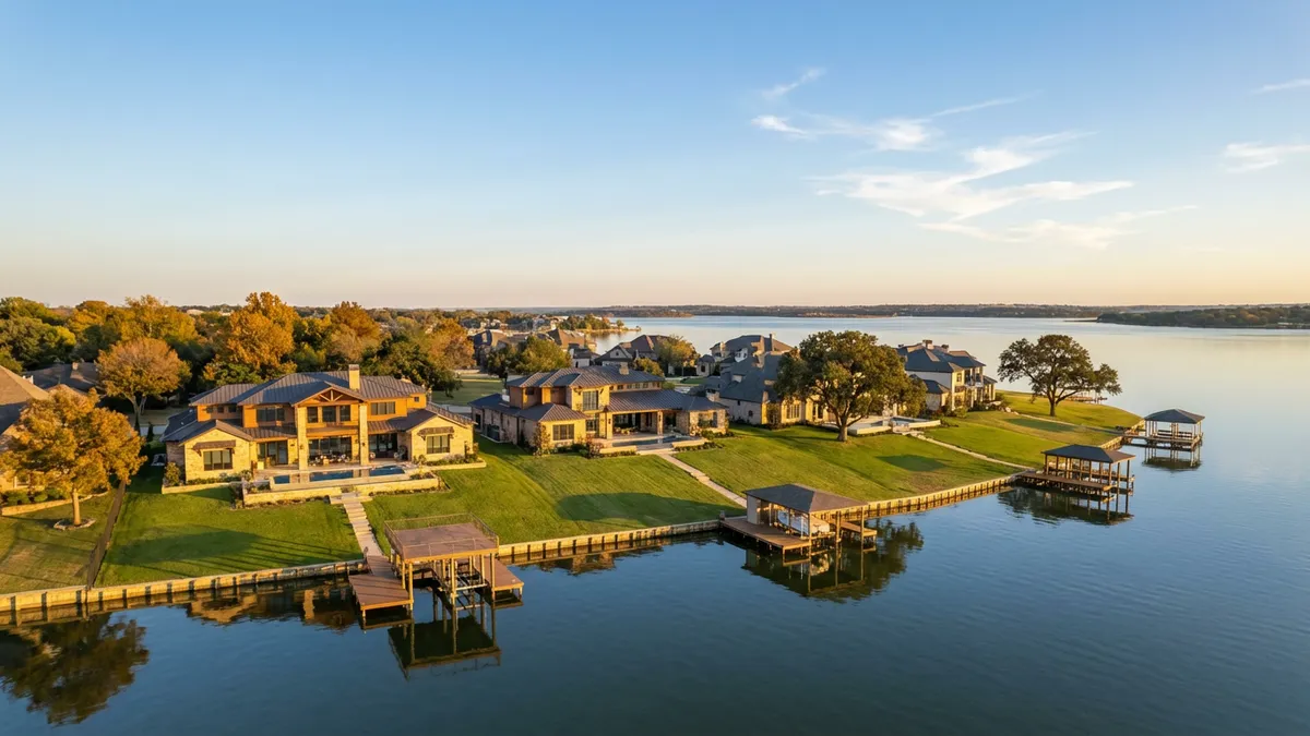 High-angle drone shot overlooking a serene, upscale waterfront neighborhood on Lewisville Lake, Texas. Custom-built modern homes with spacious green lawns extending to private docks. Calm, reflective lake water in the foreground, with dense, mature trees bordering the properties. Golden hour lighting, soft, warm glow. Clear blue sky with a few wispy clouds. Cinematic, 16:9 aspect ratio, highly detailed 8k.