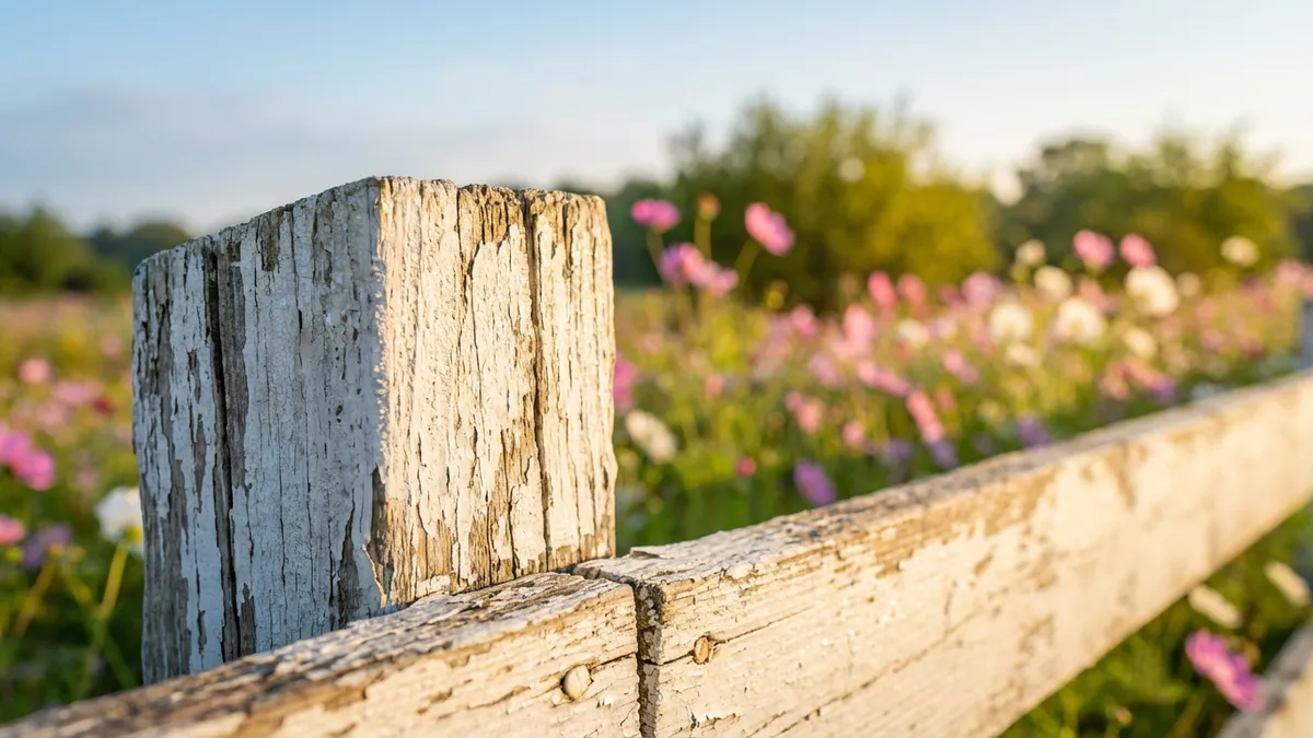 Close-up of a rustic, weathered white wooden fence post with blooming pink and white spring flowers in soft focus behind it. Morning light, dew on petals, shallow depth of field, wide angle, 8k.