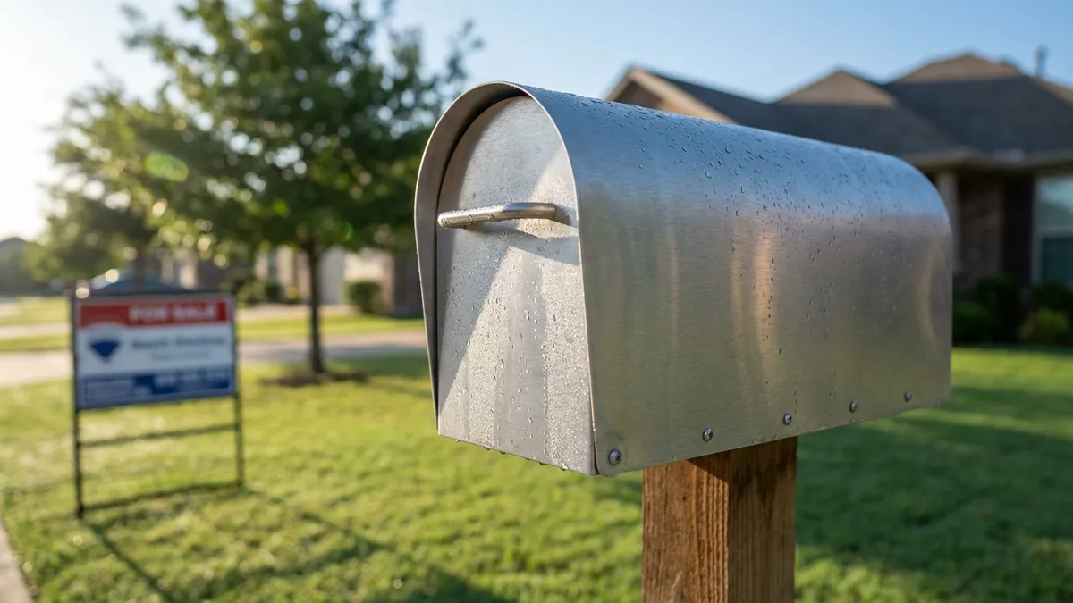 Close-up of a modern, well-maintained mailbox with a 'For Sale' sign partially visible in the background, subtly blurred. The scene is set against a manicured green lawn in Lewisville, Texas, with a clear blue sky and soft, early morning light. Focus on textures of the metal mailbox and the green grass, with dew drops visible. Cinematic lighting, golden hour, 16:9, highly detailed 8k.