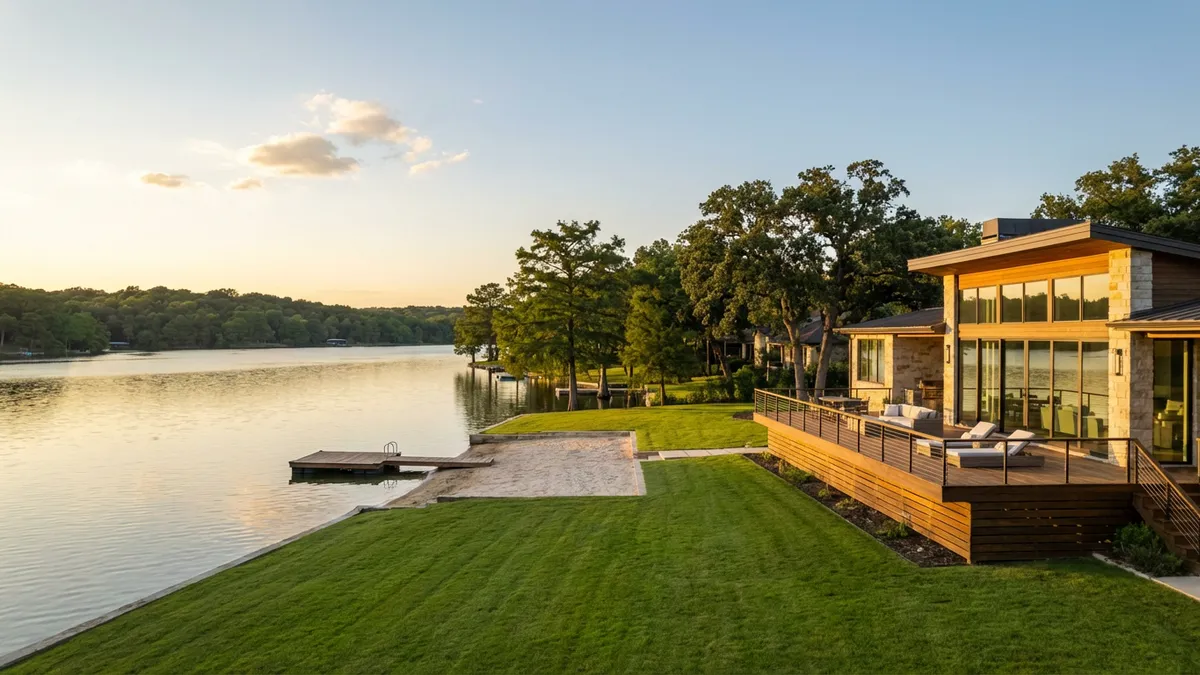 Cinematic wide shot, golden hour, 16:9 aspect ratio. A serene, expansive lake with calm, shimmering water reflecting the warm light. A modern, luxurious single-family home with large windows and a spacious deck overlooks the lake. Lush, manicured green lawn extends from the house to a small, private sandy beach area or gentle dock. Distant trees line the far shore of the lake. Clear, soft sky with a few wispy clouds. Highly detailed 8k photography.
