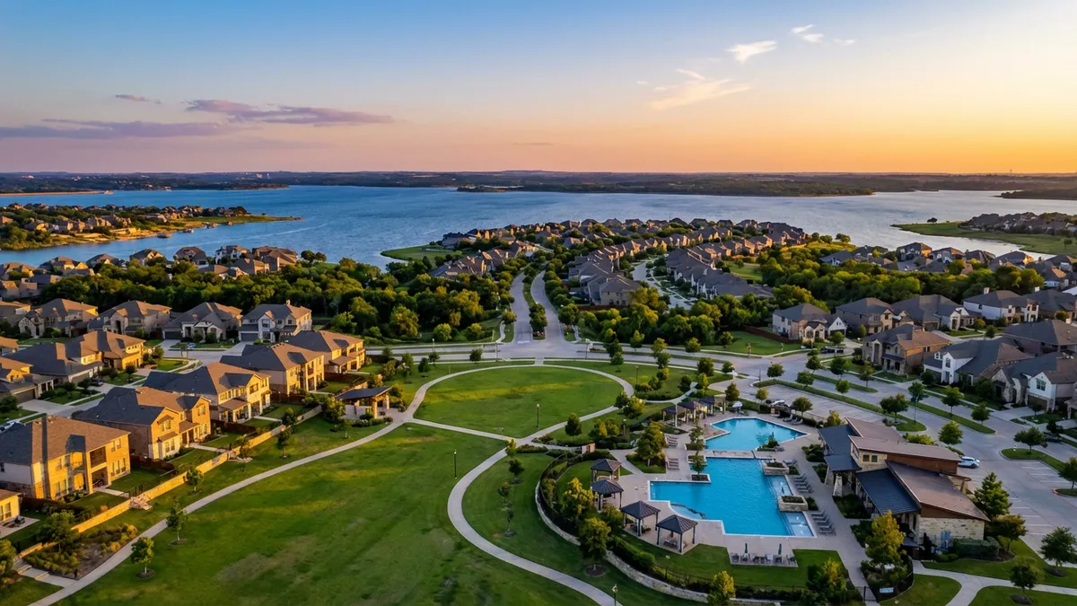 High-angle drone shot, golden hour, wide view of a modern master-planned community in Little Elm, Texas. Lush green parks, walking trails, resort-style swimming pools, and contemporary suburban homes in the foreground. Lewisville Lake in the background, deep blue water reflecting the setting sun. Clear Texas sky. Cinematic lighting, 16:9, highly detailed 8k. Smooth, flowing lines of residential streets. Focus on the architectural styles and amenity spaces.