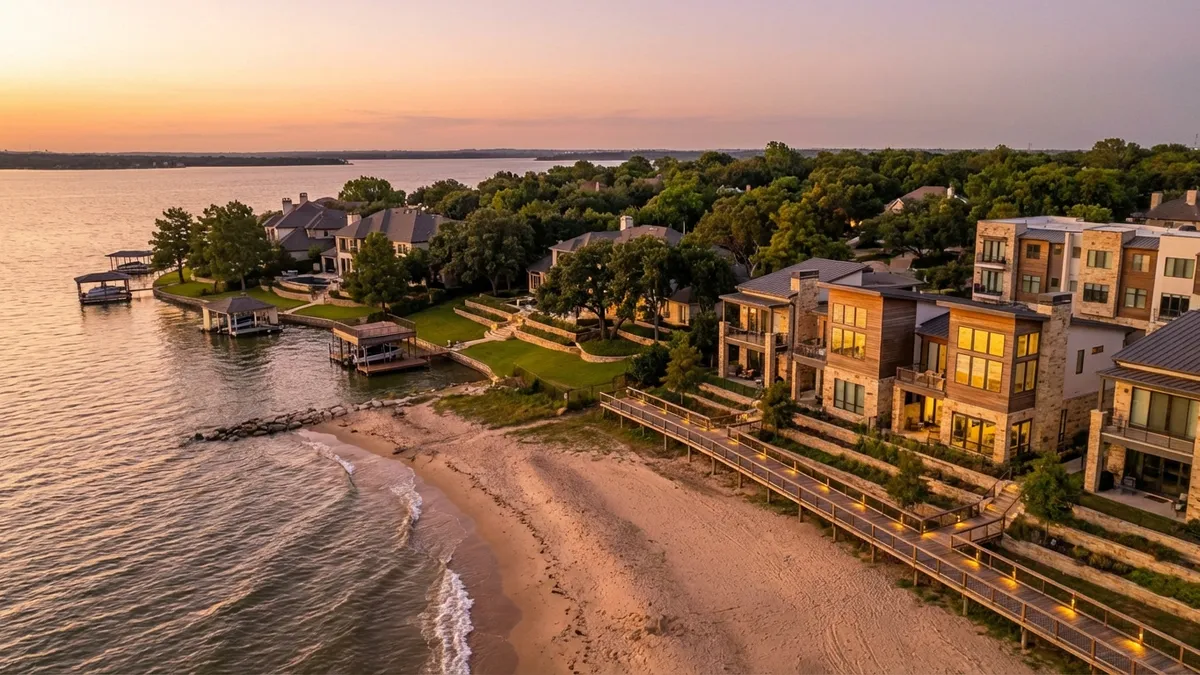 High-angle drone shot capturing the eastern shore of Lewisville Lake at golden hour. The foreground features a sandy beach with small waves, transitioning to a boardwalk with subtle lights. Beyond the boardwalk, modern architecture of townhomes and mixed-use buildings gleam. In the midground, luxury custom homes with private boat docks dot the shoreline, surrounded by lush, mature trees. In the background, calm lake waters stretch to the horizon under a soft, gradient sky. Cinematic lighting, 16:9, highly detailed 8k, photorealistic.