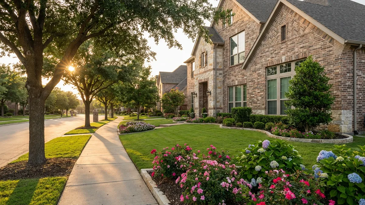 Close-up of a meticulously manicured suburban street in Murphy, Texas, bathed in warm, late afternoon sunlight. Focus on vibrant green lawns, blooming flowerbeds, and the intricate brickwork of a modern, two-story home. A wide, tree-lined sidewalk recedes into the background. Cinematic lighting, golden hour, 16:9, highly detailed 8k.
