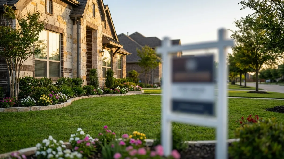Close-up, highly detailed shot of a 'For Sale' sign in front of a modern, single-family home with a brick and stone facade, bathed in warm, afternoon sunlight. Lush green lawn, blooming spring flowers in the foreground, perfectly manicured landscaping. The sign is slightly blurred in the foreground, background is a soft bokeh of a tree-lined street under clear, sunny skies. Cinematic lighting, golden hour, 16:9, highly detailed 8k.