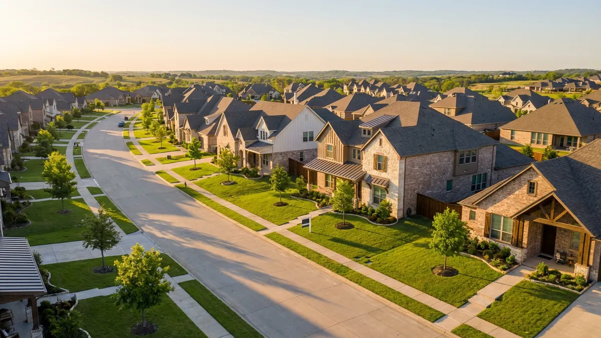 Overhead view of a sun-drenched suburban street in Melissa, TX. Newly built homes with varying architectural styles line the street. Green lawns are meticulously manicured, with a few small trees planted. A 'For Sale' sign subtly stands in front of one house. The lighting is bright and clear, reflecting a spring morning. Cinematic lighting, golden hour, 16:9, highly detailed 8k.