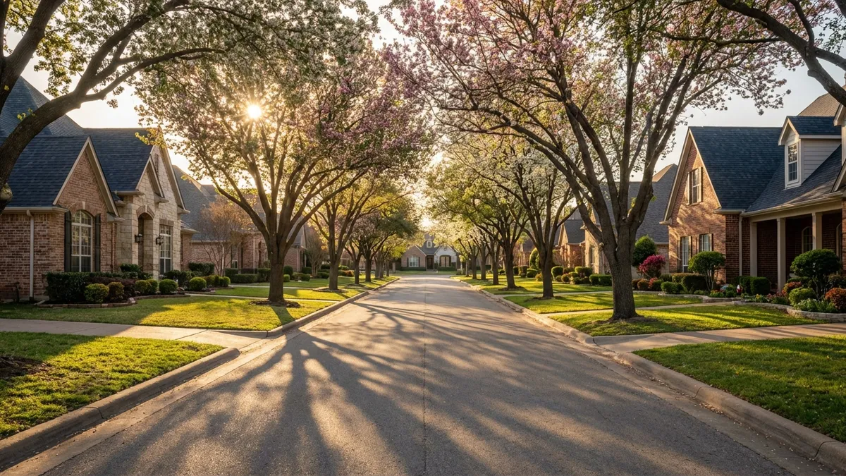Eye-level shot looking down a quiet, tree-lined residential street in Mesquite, Texas, in early spring. The sun is low, casting long shadows. Houses with brick and stone facades, some with well-maintained lawns. Early spring flowering trees in bloom. Cinematic lighting, golden hour, 16:9, highly detailed 8k.