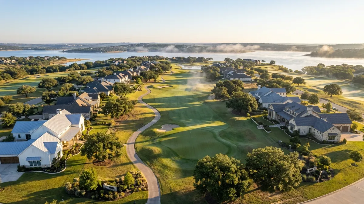 Overhead drone shot, early morning, soft golden light, 16:9 aspect ratio. A meticulously manicured 18-hole golf course winding through a high-end, master-planned residential community. Large, elegant single-family homes with diverse architectural styles, visible from above, are nestled among mature trees and lush landscaping. Distant sparkling water of Benbrook Lake is visible on the horizon. Fog lifts subtly from the fairways. Crisp, clear atmosphere.