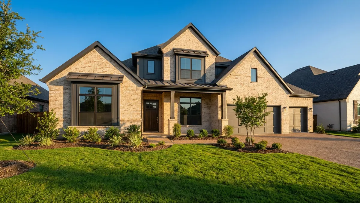 A pristine, newly built modern suburban house exterior in Sanger, Texas, featuring a light brick facade and dark trim details, with a freshly landscaped green lawn and a clear blue sky overhead. Cinematic lighting, afternoon light, 16:9 aspect ratio, highly detailed 8k, photorealistic.