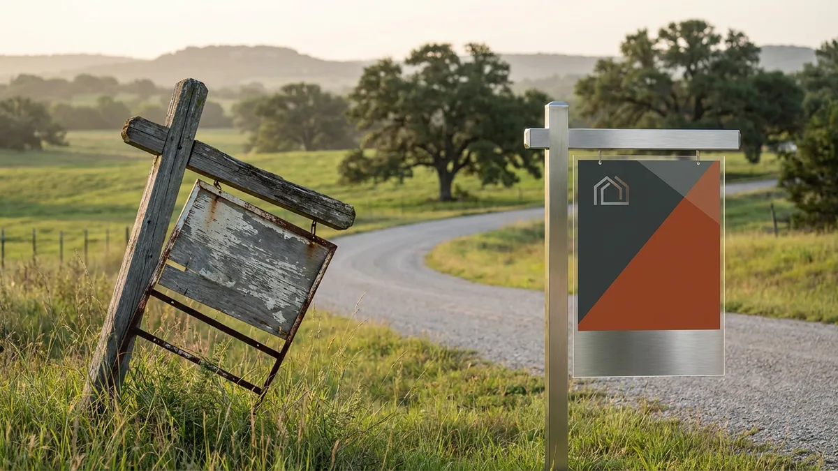A vintage wooden sign, weathered and in disrepair, sits next to a pristine modern 'FOR SALE' sign with a striking, contemporary design. The background is a blurred rural Texas landscape, hints of green fields and distant trees under a soft, diffused morning light. The juxtaposition highlights old vs. new market conditions. Cinematic lighting, golden hour, 16:9, highly detailed 8k.