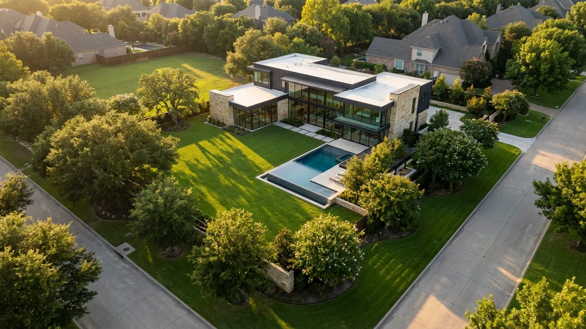 High-angle drone shot of a modern, luxurious single-family home in Plano, Texas. The home features clean lines, expansive glass windows, and a manicured green lawn with a subtle infinity pool. Architectural style is contemporary with elements of Texas limestone. Late afternoon sun creates long shadows. Lush green landscaping with mature trees lines the property. Cinematic lighting, golden hour, 16:9, highly detailed 8k.