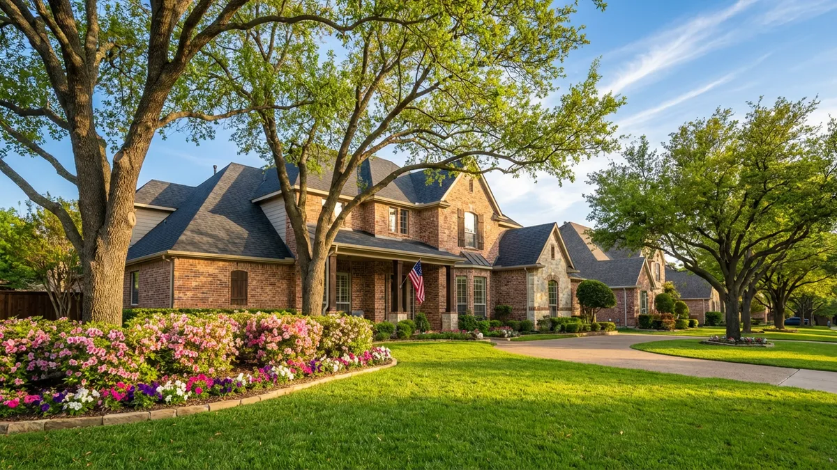A wide-angle lens captures a meticulously maintained brick home in Plano, Texas, during a clear spring afternoon. Lush green lawn, blooming flowers, and mature oak trees frame the entrance. American flag gently waving from a porch. Crisp blue sky with a hint of wispy clouds. Cinematic lighting, warm, natural sun. 16:9 aspect ratio, highly detailed 8k.