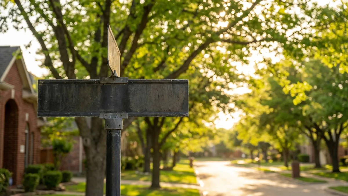 Close-up, detailed shot of a Plano, Texas, street sign at a crossroads, with blurred, golden hour sunlight dappling through mature trees in the background. Fresh green leaves on the trees. The sign is sharp and weathered, made of dark metal with light lettering. A subtle hint of a brick house facade is visible on one side of the frame. Cinematic lighting, golden hour, 16:9, highly detailed 8k.