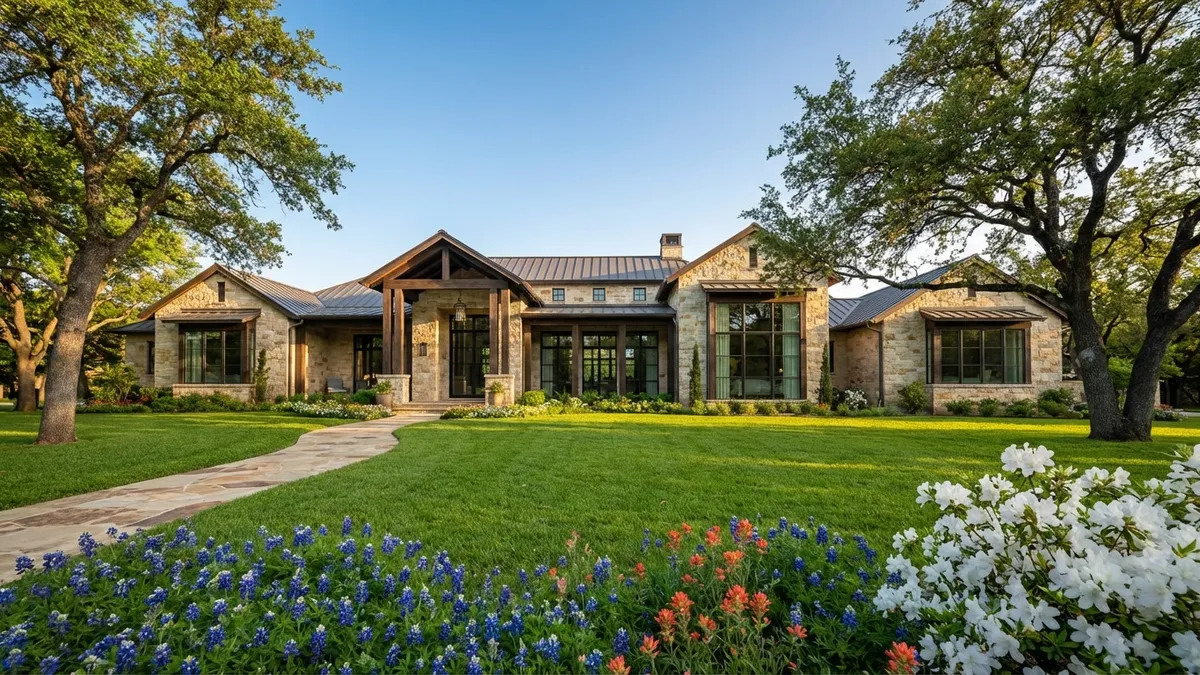 Luxurious single-family home exterior, traditional design with modern accents, lush green lawn, blooming spring flowers, clear blue sky, soft afternoon light, low-angle shot, wide-angle lens, highly detailed 8k, cinematic, warm color grading. Focused on elegant architecture and natural beauty of the spring landscape.