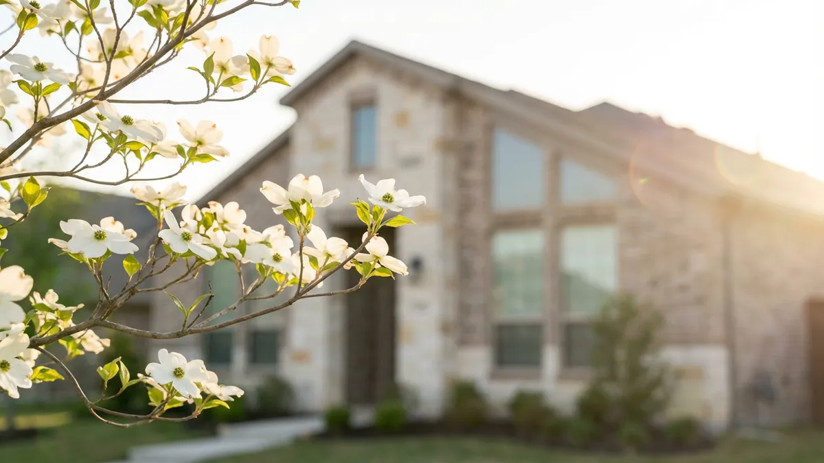 Close-up of a blooming dogwood tree in soft focus, with the architectural detail of a modern suburban home in Princeton, Texas, subtly visible in the background, bathed in cinematic morning light. Golden hour, 16:9, highly detailed 8k photography, with natural lens flare. Shallow depth of field.