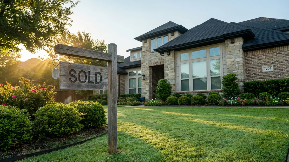 Close-up of a 'Sold' sign with a key tag in front of a modern, well-maintained suburban home in Richardson, Texas. Soft, early morning light, dew on green grass, well-manicured landscaping, clear sky, 16:9 aspect ratio, high dynamic range, cinematic, 8k.