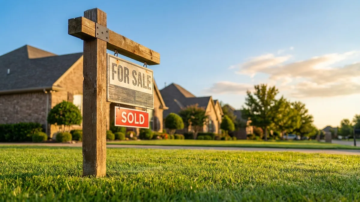 Close-up of a 'For Sale' sign with a 'Sold' rider subtly visible in the foreground, in a sun-drenched, well-maintained suburban street in Roanoke, Texas. Lush green lawn, brick house facades in the background, a clear blue sky with soft clouds. Focus on the texture of the sign and grass. Cinematic lighting, golden hour, 16:9, highly detailed, 8k.