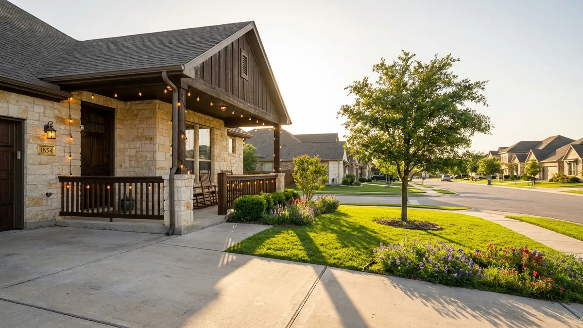 A highly detailed, photorealistic visual directive sequence prompt. A sun-drenched, tranquil suburban street in Round Rock, Texas, at golden hour. The camera focuses on the front porch of a charming, well-maintained single-family home. A delicate, warm glow from string lights wrapped around the porch railing. Lush, green lawn with vibrant spring flowers. The house number '1854' is subtly visible on a polished brass plaque next to the front door. A small, neatly trimmed oak tree casts dappled shadows across the driveway. Cinematic lighting, golden hour, 16:9, highly detailed, 8k.