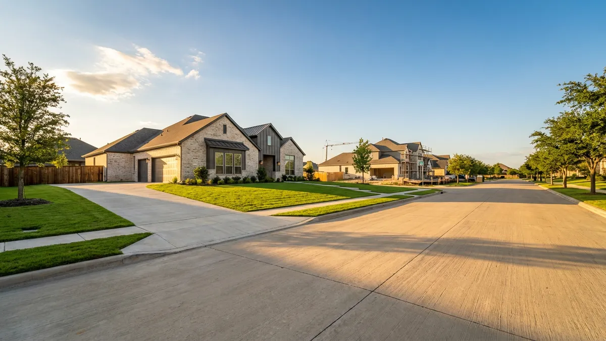 Cinematic lighting, golden hour, 16:9, highly detailed 8k. A wide shot of a modern, newly constructed single-family home in a master-planned community. The architecture features a clean, contemporary design with light-colored brick and dark trim. Lush green lawn in the foreground leading to a paved driveway. Mature trees beginning to line the street. A wide, bright street with no cars or people visible. In the background, other similar new homes are visible, some with active, clean construction sites (no debris visible). Clear blue sky with a few wispy clouds.