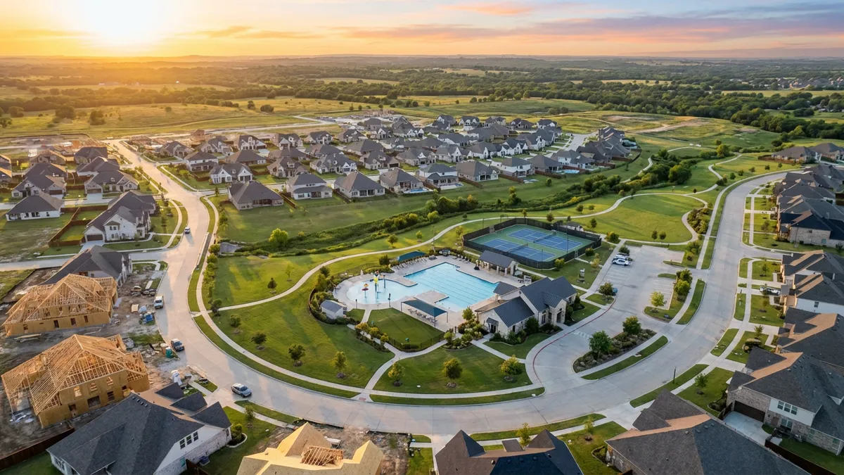 Overhead drone shot of a modern, planned suburban neighborhood in Royse City, Texas, with new construction homes in varying stages of completion. Focus on neat streets, manicured green spaces, and a community pool area with a splash pad. Golden hour, cinematic lighting, 16:9, highly detailed 8k.