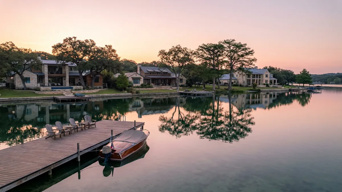 A serene lakefront residential area at dawn. Calm, clear lake water reflects the pastel sky. Modern and traditional custom homes line the shore, visible through mature trees. A private dock with a small boat is in the foreground. Cinematic lighting, soft, warm glow. 16:9 aspect ratio, highly detailed 8k photography.