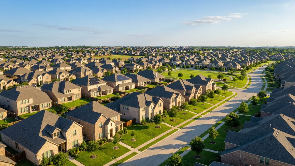 Overhead wide aerial shot. Modern suburban neighborhood in Sachse, Texas. Pristine, verdant green lawns. Uniform contemporary two-story houses with tan brick and dark gray roofs, some with solar panels. Clear blue sky with scattered wispy clouds. Crisp, golden hour sunlight, dynamic shadows. High-resolution, cinematic, 16:9 aspect ratio, 8k.