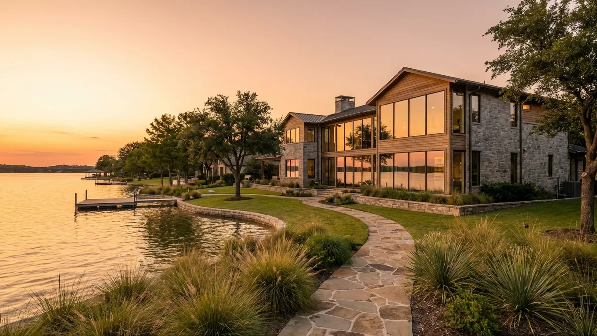 Close-up of a shimmering, calm lake on a clear day, with a modern, elegant two-story luxury home on the shore. Focus on sophisticated architecture, large windows reflecting the sky, and lush, manicured landscaping in the foreground. Cinematic lighting, golden hour, wide shot 16:9, highly detailed 8k, serene atmosphere. No people visible.