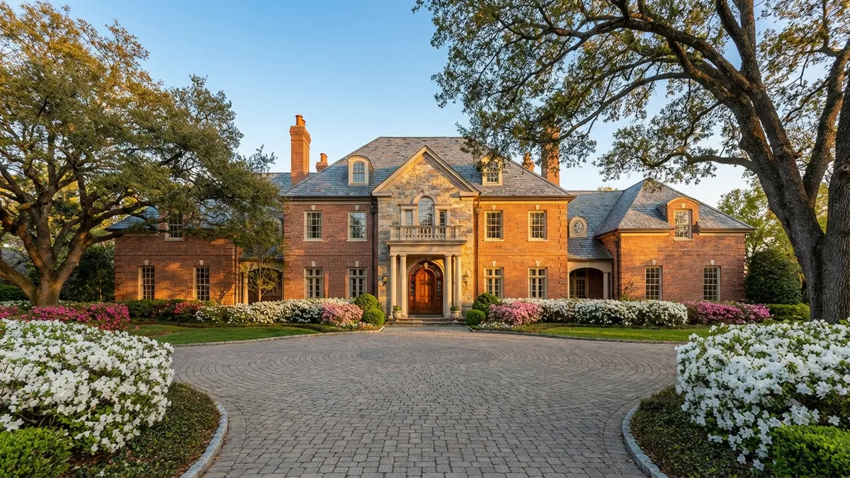 An opulent, traditional, red-brick mansion nestled within lush, manicured gardens under a clear blue sky, with blooming white and pink azaleas in the foreground. Sunlight bathes the intricate architectural details, casting soft shadows. A grand circular drive is visible leading to an ornate front entrance. Cinematic lighting, golden hour, 16:9, highly detailed, 8k.