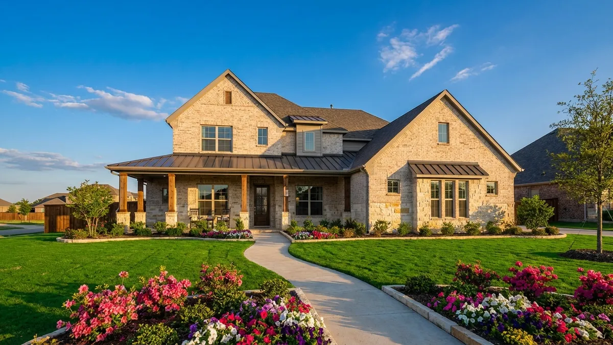 A wide, expansive view of a modern, well-maintained single-family home in a Northlake, Texas master-planned community. Lush, manicured green lawns and colorful spring flowers line the sidewalk. A clear, bright blue sky with a few wispy clouds. The house features light-colored brick and stone accents, a dark roof, and an inviting front porch. Cinematic lighting, golden hour, 16:9, highly detailed 8k.