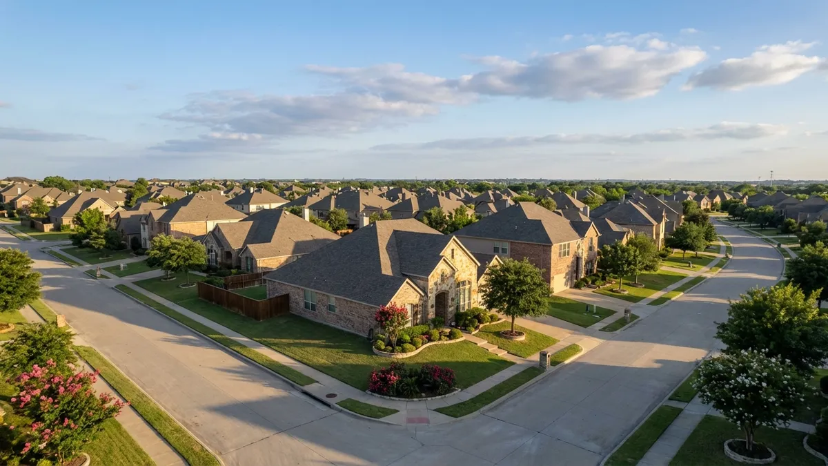 Overhead wide shot, suburban neighborhood in DeSoto, Texas. Muted green lawns, brick and stone houses with neatly kept yards, some with flowering shrubs. Roads are clean asphalt. Clear blue sky with soft, diffuse clouds characteristic of a spring afternoon. Warm, natural light. Cinematic, golden hour, 16:9, highly detailed 8k.